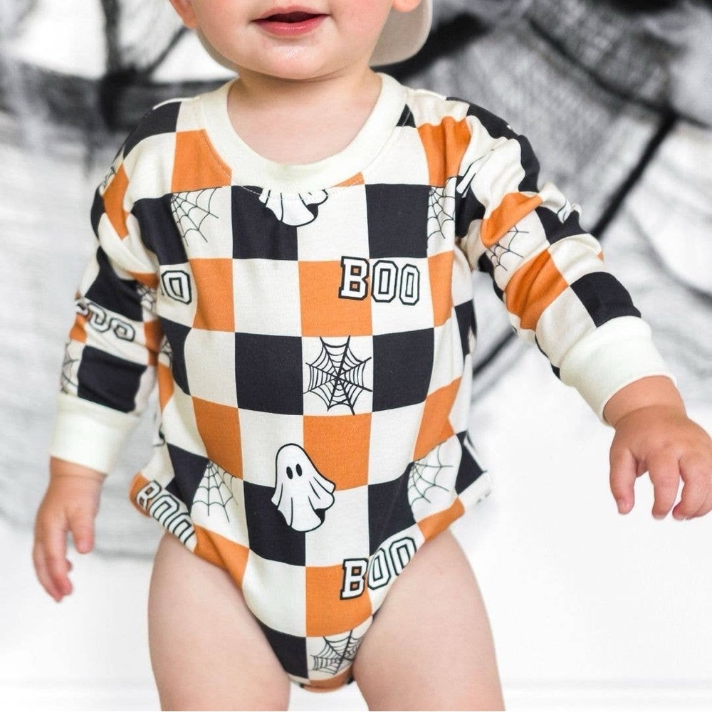 🎃 Sweet Wink Boo Checkered Halloween Long Sleeve Romper 0-3 3-6 6-12 months